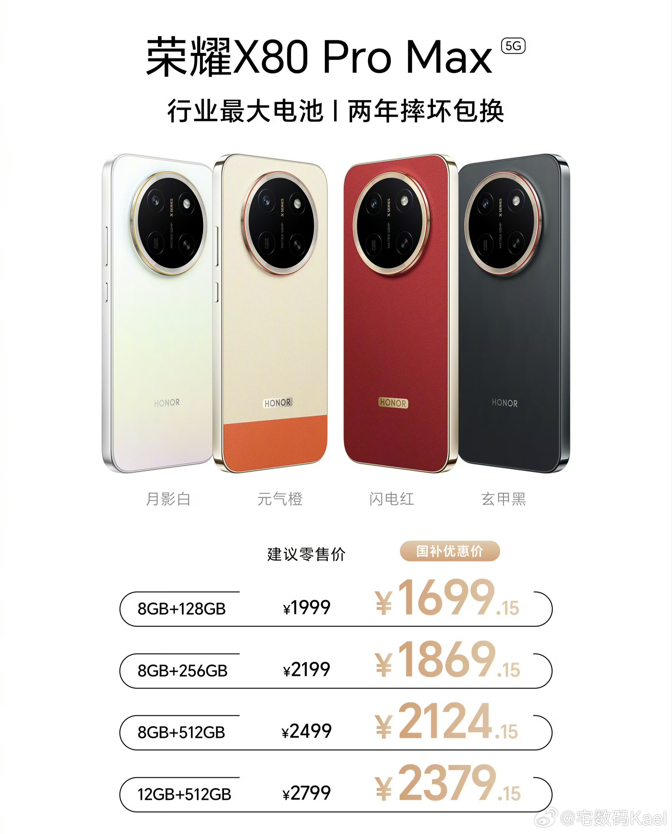 今晚荣耀X80 Pro Max发布了，1999元起。国补到手价，1699.15元