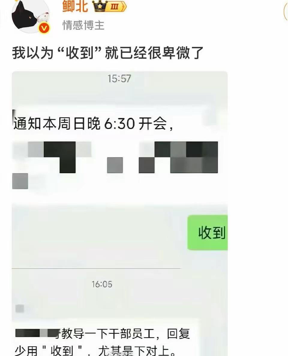 以前领导给我发消息，我也回“收到”，被领导批评，说收到领导的消息，不能回复收到。