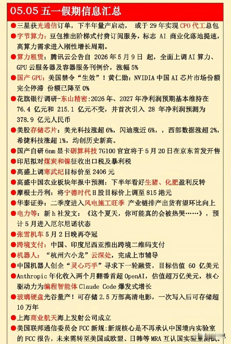五一假期核心信息全景解读！
 
五一假期信息汇总，覆盖AI全产业链、半导体光通信