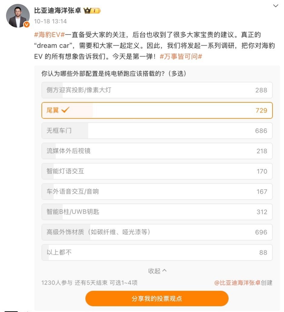 【比亚迪海豹 EV 开启外部配置用户调研，暗示系列车型有望迎设计改款】比亚迪汽车