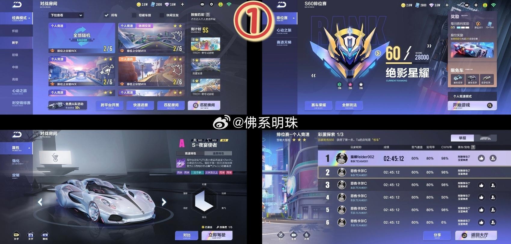 新UI视觉美术风格测试。有3套界面设计，包括车神图标、大厅按钮布局等，主要区别在