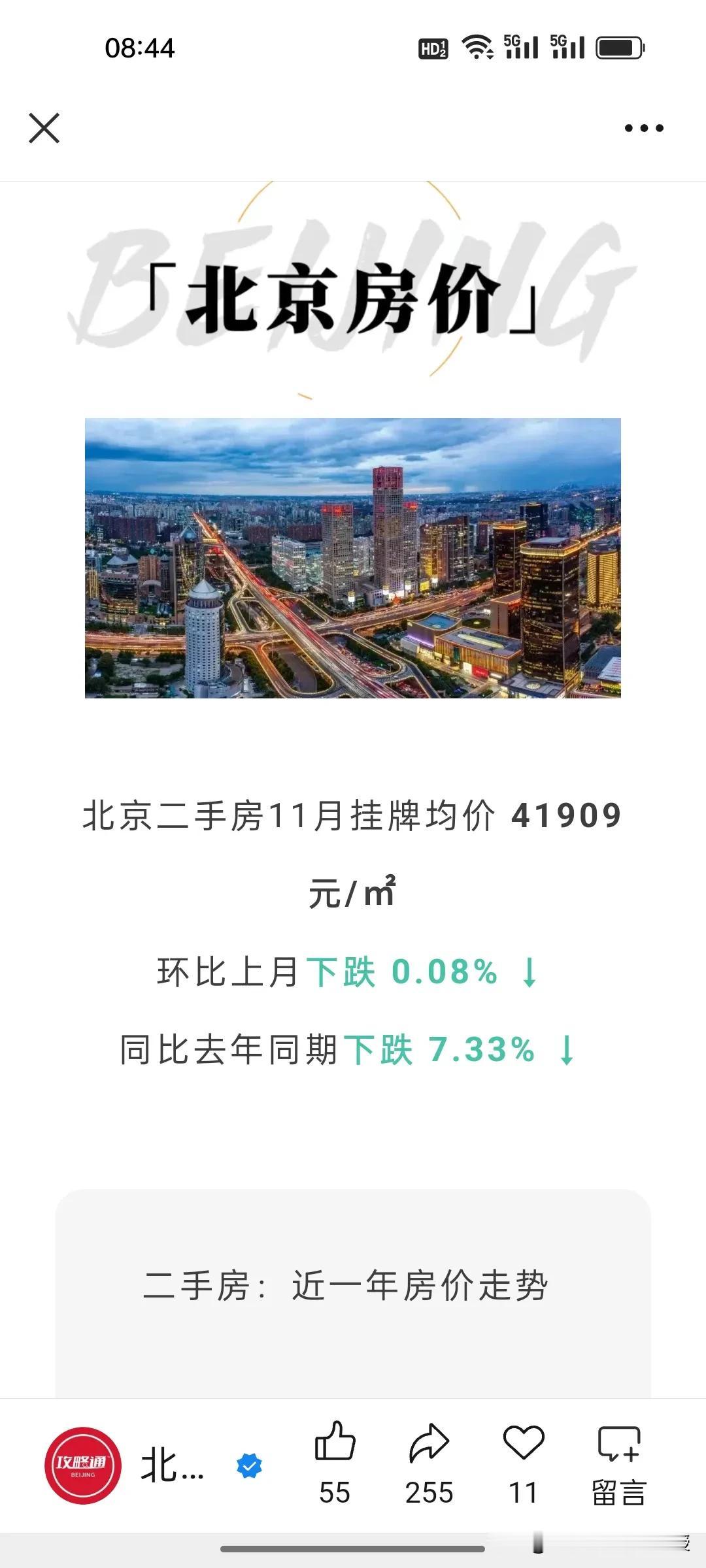 看下图，北京最新的11月房价统计，比去年同期下跌了7.33%，北京的房价已经回到
