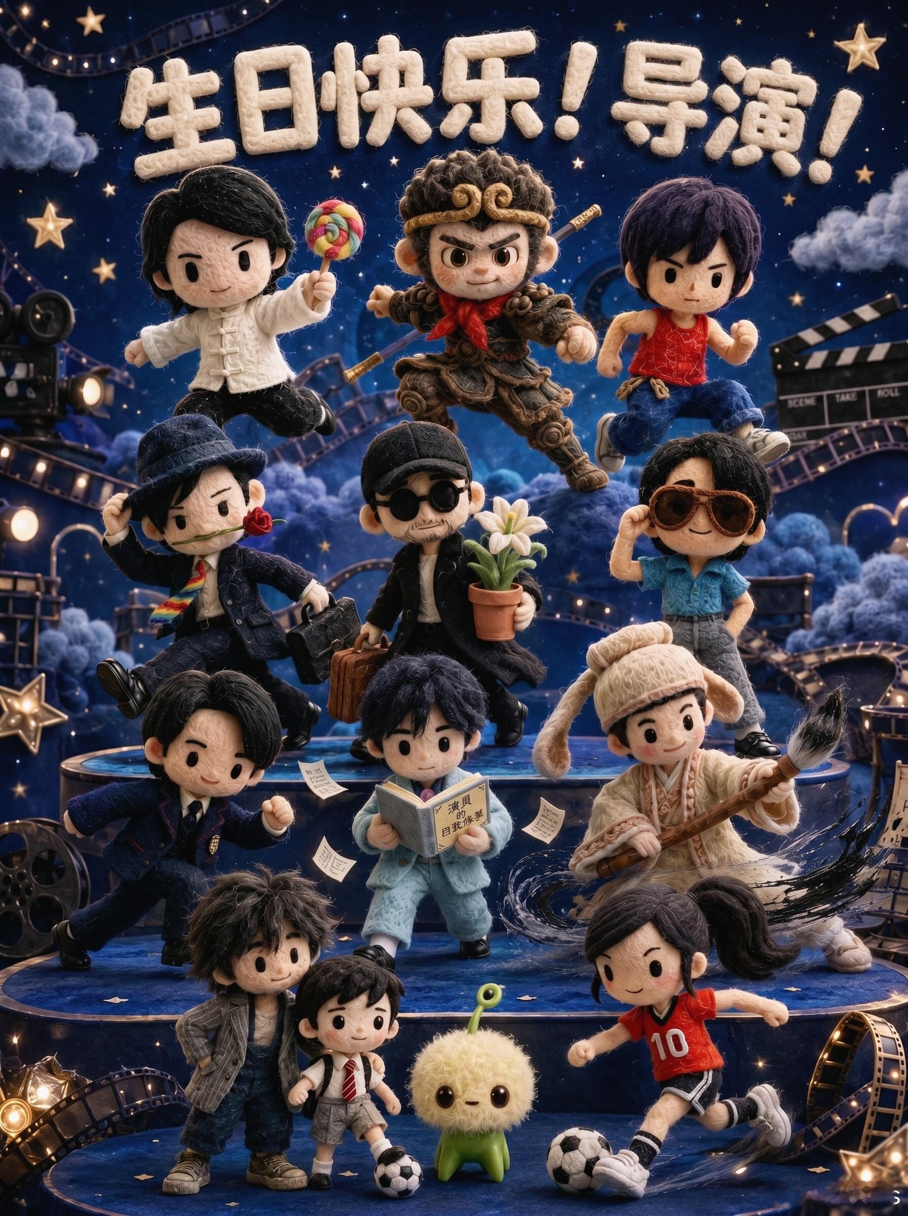 陈震宇祝周星驰生日快乐，配图都是周星驰经典角色和作品，第一排有个穿球衣踢球的女生