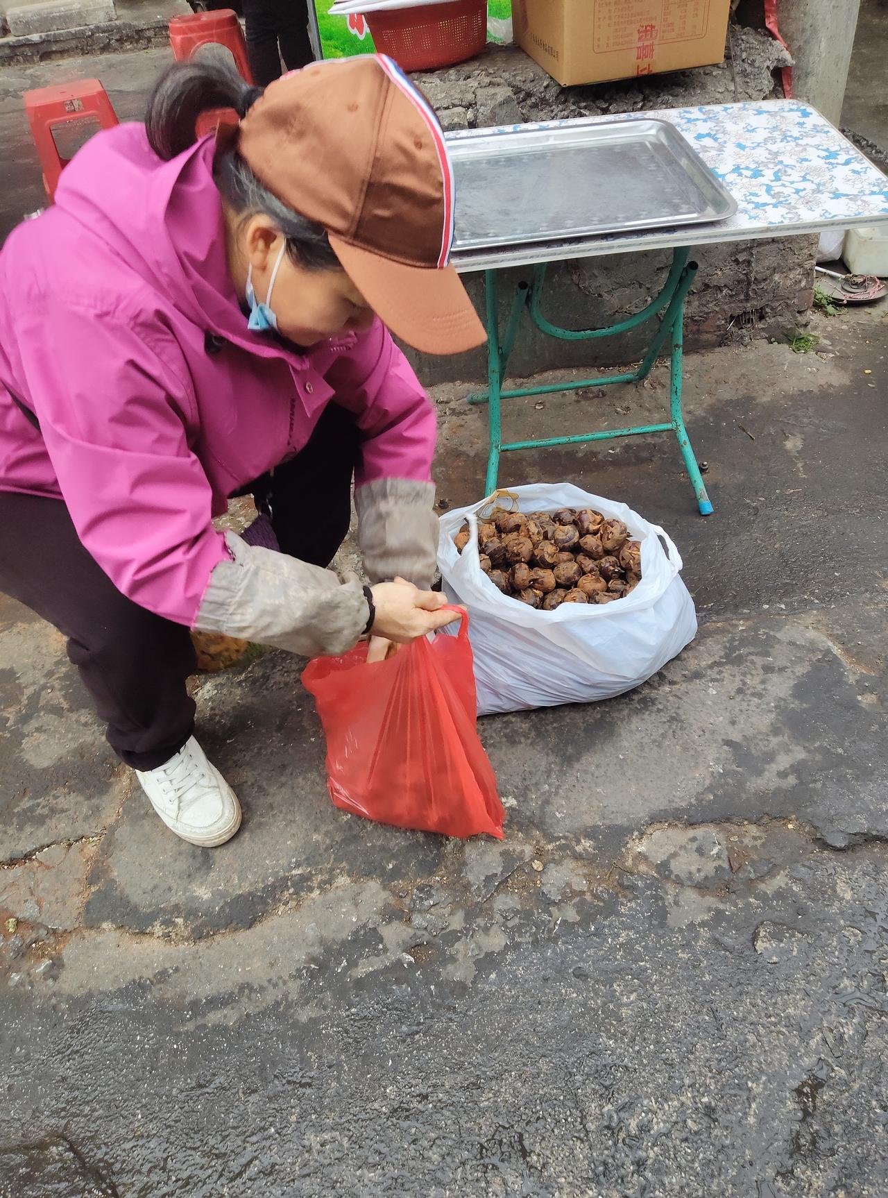 今天逛巷口撞见个卖马蹄的摊子，那袋子里的马蹄圆滚滚的，沾着点泥还带着水汽，看着就