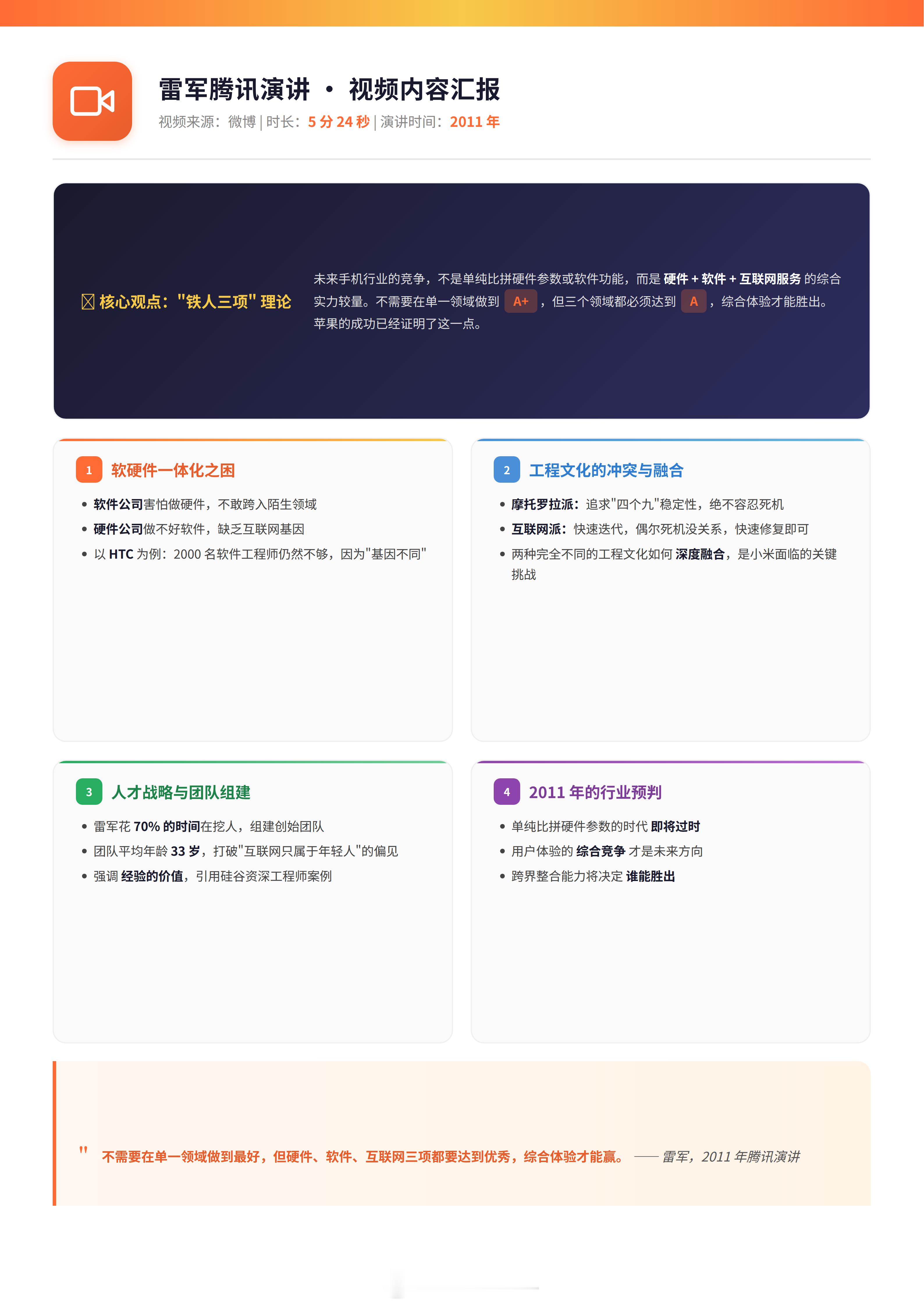 雷总11年这段腾讯演讲又火了我让小米MiMo🦞帮我总结一下这个视频的内容然后我