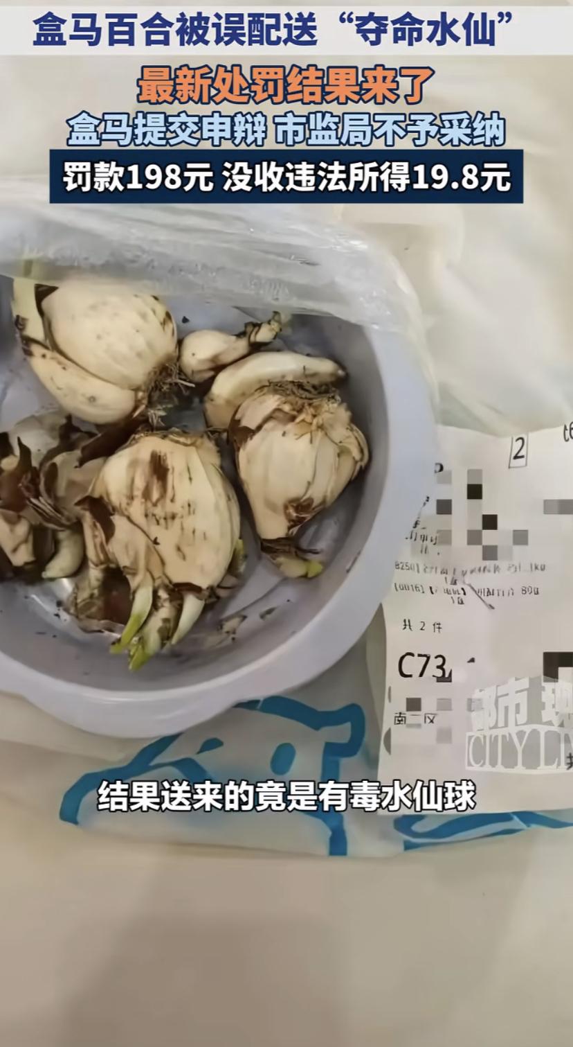 盒马配送夺命水仙后续来了！罚款198元！

相比较此前一个老汉卖农残超标的蔬菜被