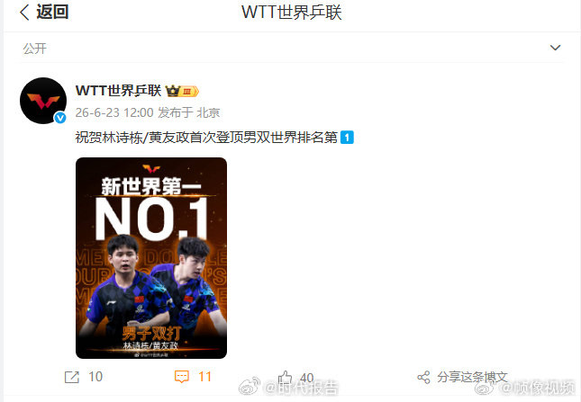 【世界乒联祝贺林诗栋黄友政】林诗栋黄友政首登男双世一6月23日， 发文：祝贺林诗