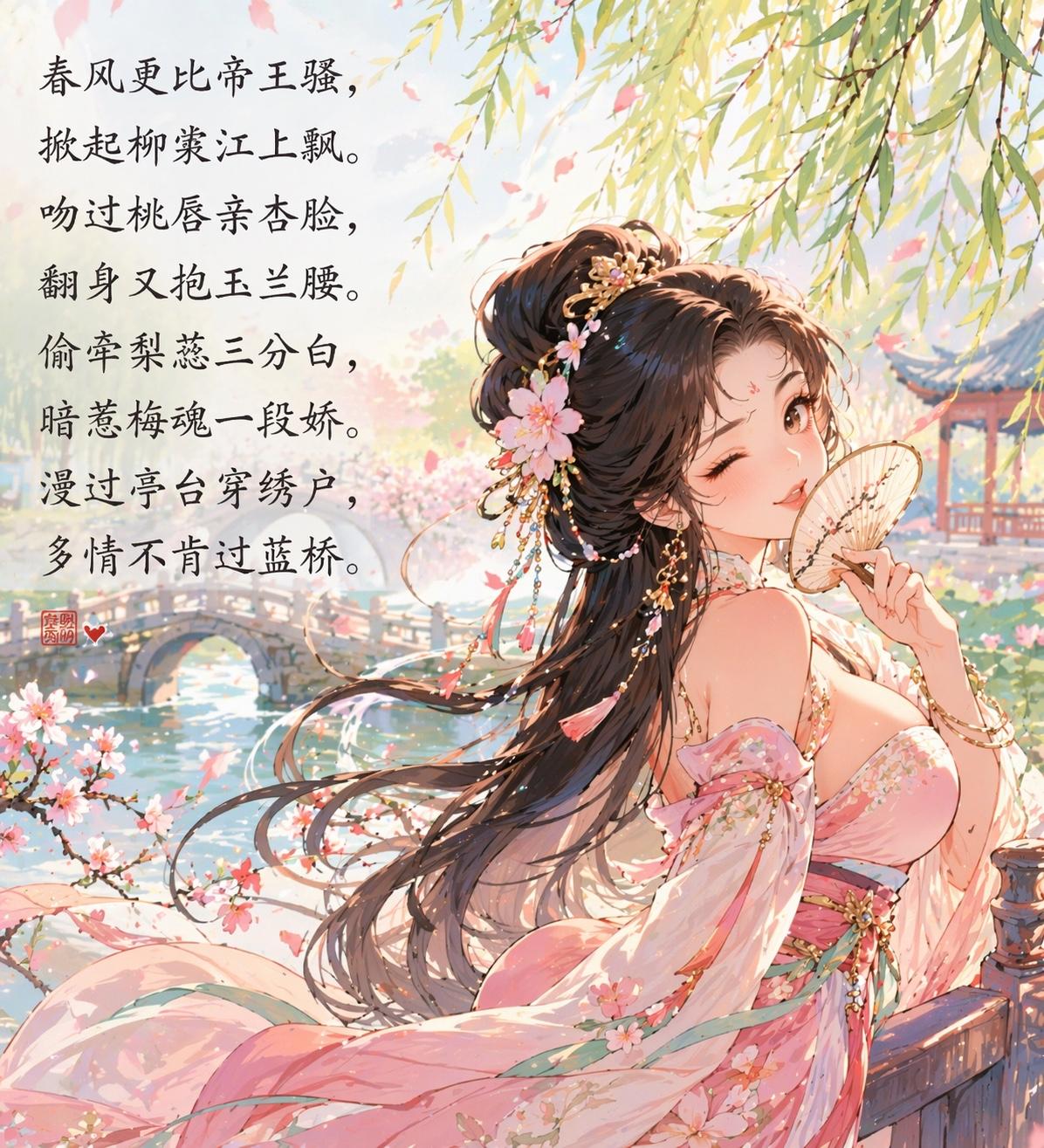 春风更比帝王骚，掀起柳裙江上飘。
吻过桃唇亲杏脸，翻身又抱玉兰腰。
偷牵梨蕊三分