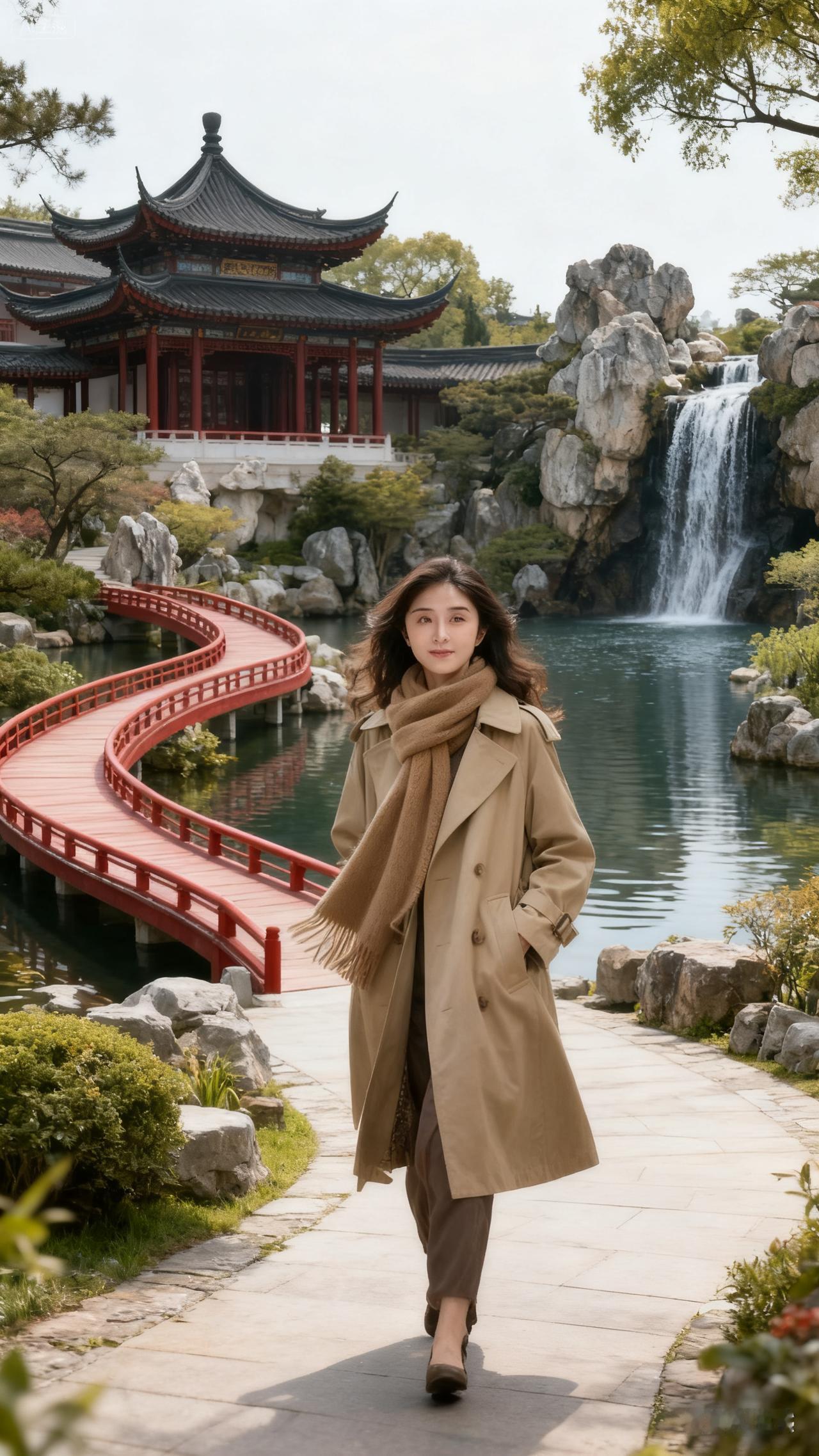 中式庭院亭台错落，飞檐翘角古朴典雅。朱红长廊雕花蜿蜒，中央小桥跨流水，假山瀑布入