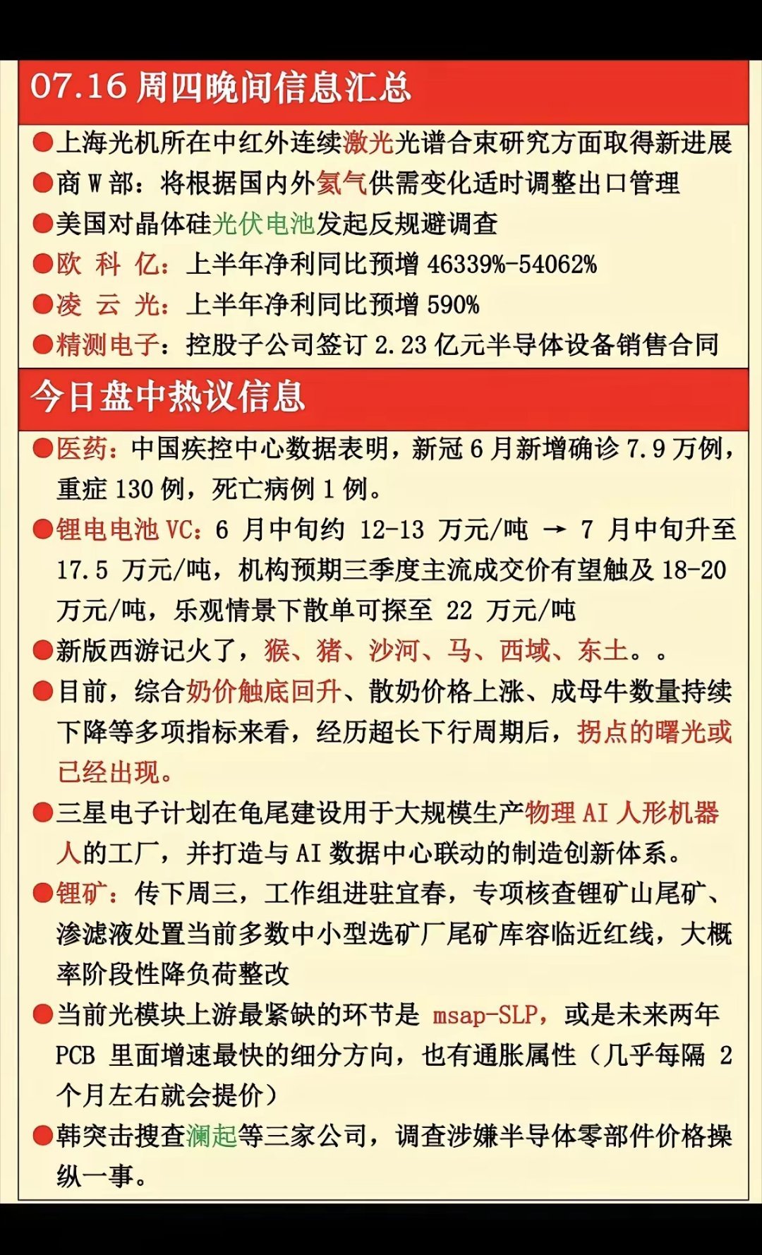 7.16周四  晚间：财经热点信息参考！1.光伏电池（利空消息）2.医药3.锂电
