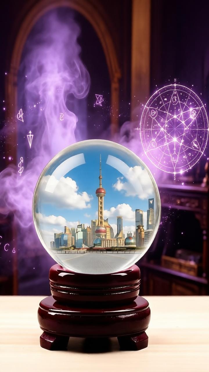 水晶球里的上海幻梦，藏进玻璃里的东方明珠

木质桌面上的水晶球静静立在雕花的深红