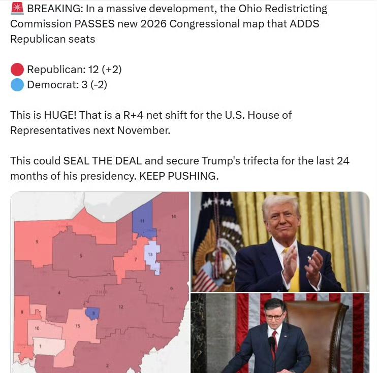 美俄亥俄州选区重划委员会通过了新的2026年国会选区地图，可能增加共和党席位！