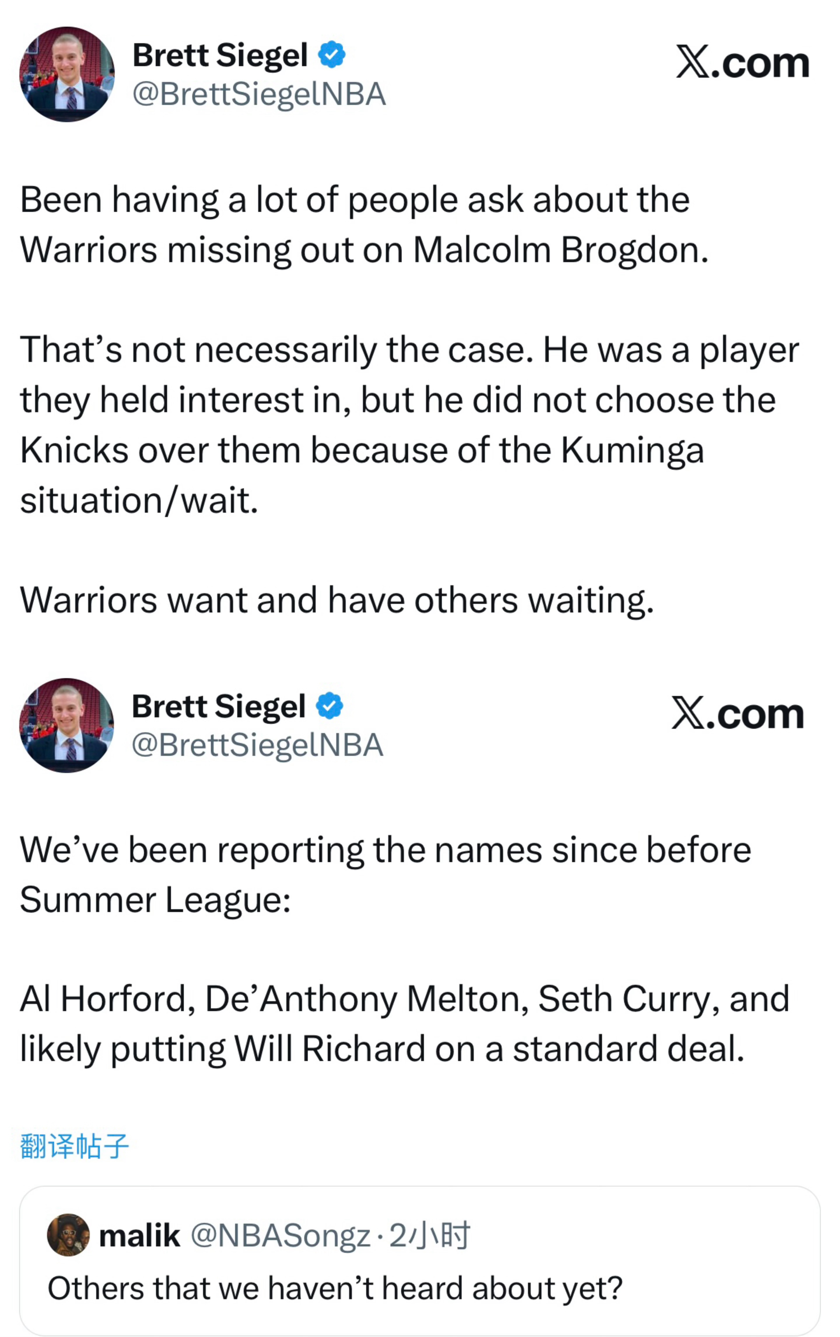 Brett Siegel：最近很多人在问勇士队为何没能签下布罗格登。事实未必如此