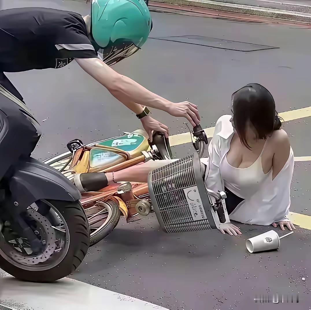 晨出，见骑自行车的美女不幸摔倒在马路中间，电动车小哥纠结，扶还是不扶？