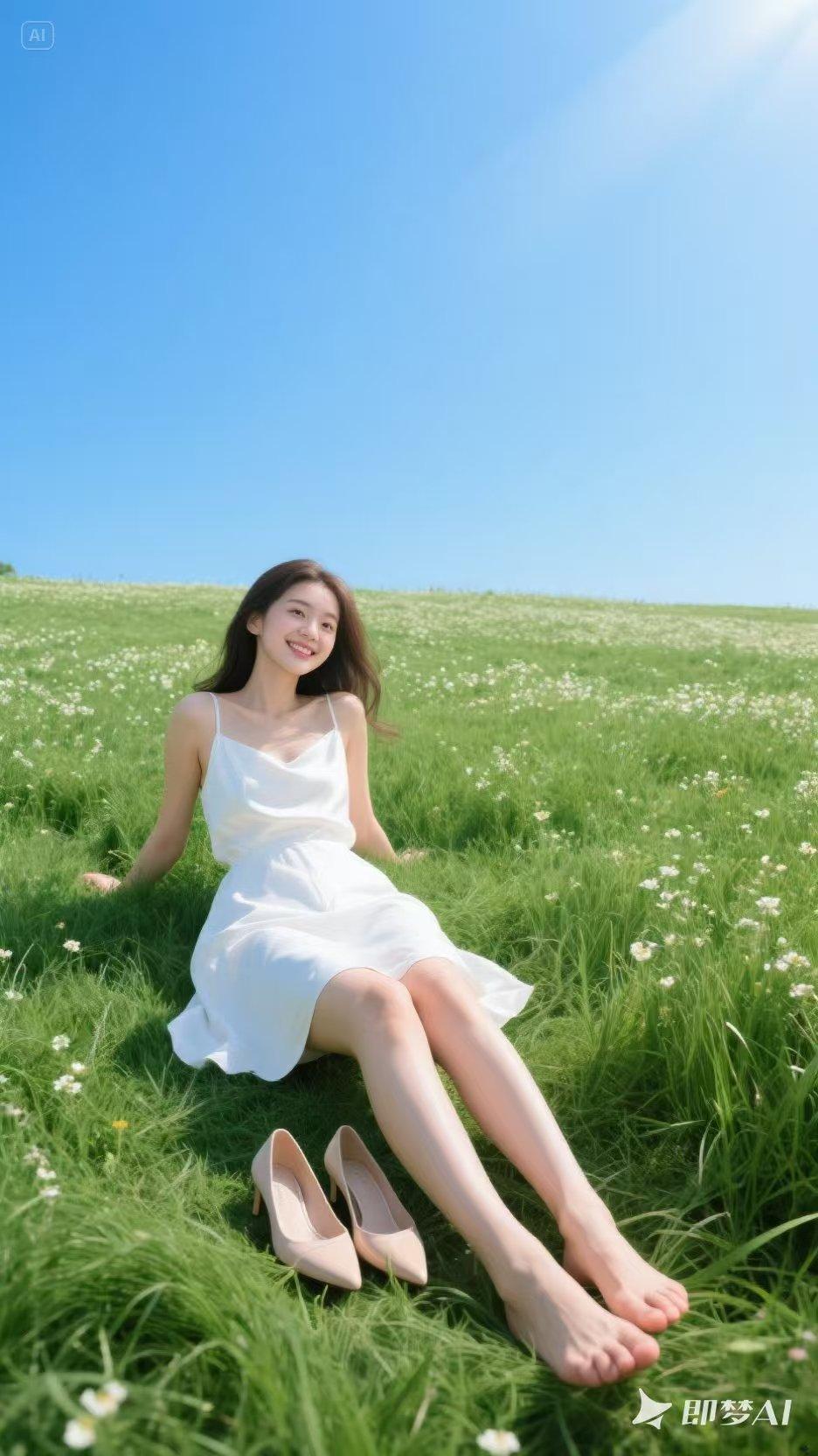 在明媚阳光里，她单手提裙摆，对着镜头微笑，以草地为背景，整个人美出天际。春天在草