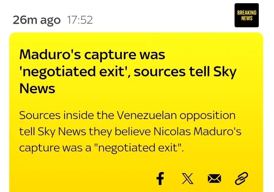 委内瑞拉反对派内部消息人士告诉天空新闻，他们认为尼古拉斯·马杜罗被捕是“通过谈判