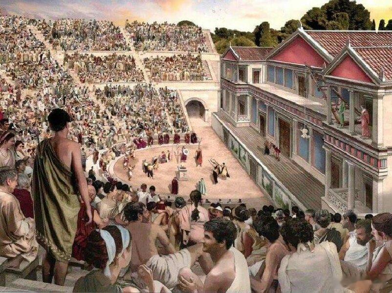 古希腊剧场的复原图，观众席上女人和男人一起看戏。这种历史画和现在好莱坞的历史剧中