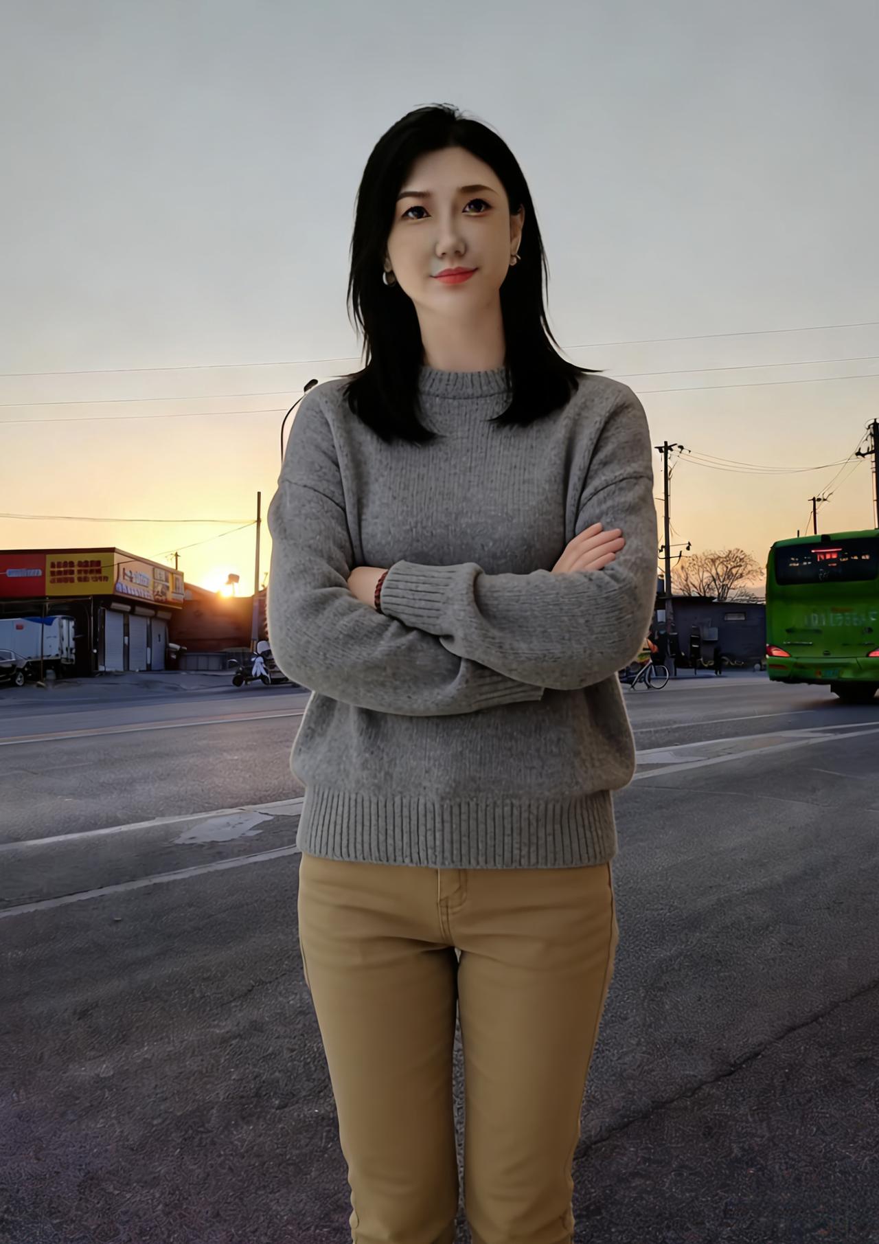 灰衫抱臂立斜阳，影逐残霞过短墙。
莫道人间无绝色，街头别有好风光。