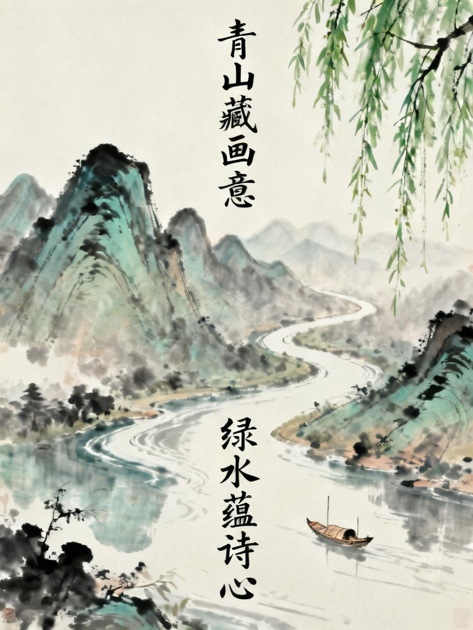 “青山藏画意”这上联意境超美，“青山”点明主体，“藏”字赋予了山灵动之感，“画意