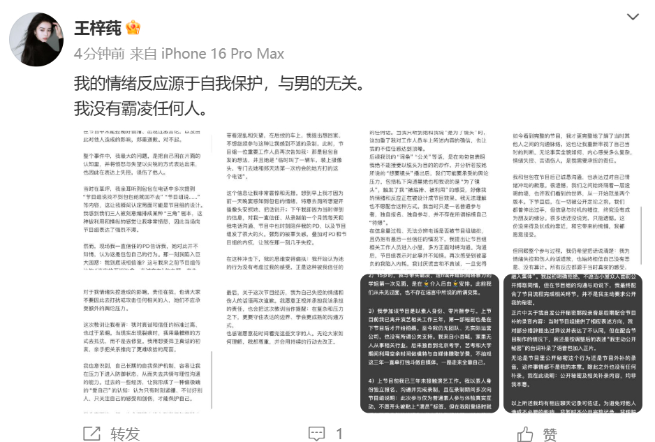 王梓莼回应王梓莼 我没有霸凌任何人 王梓莼回应。 