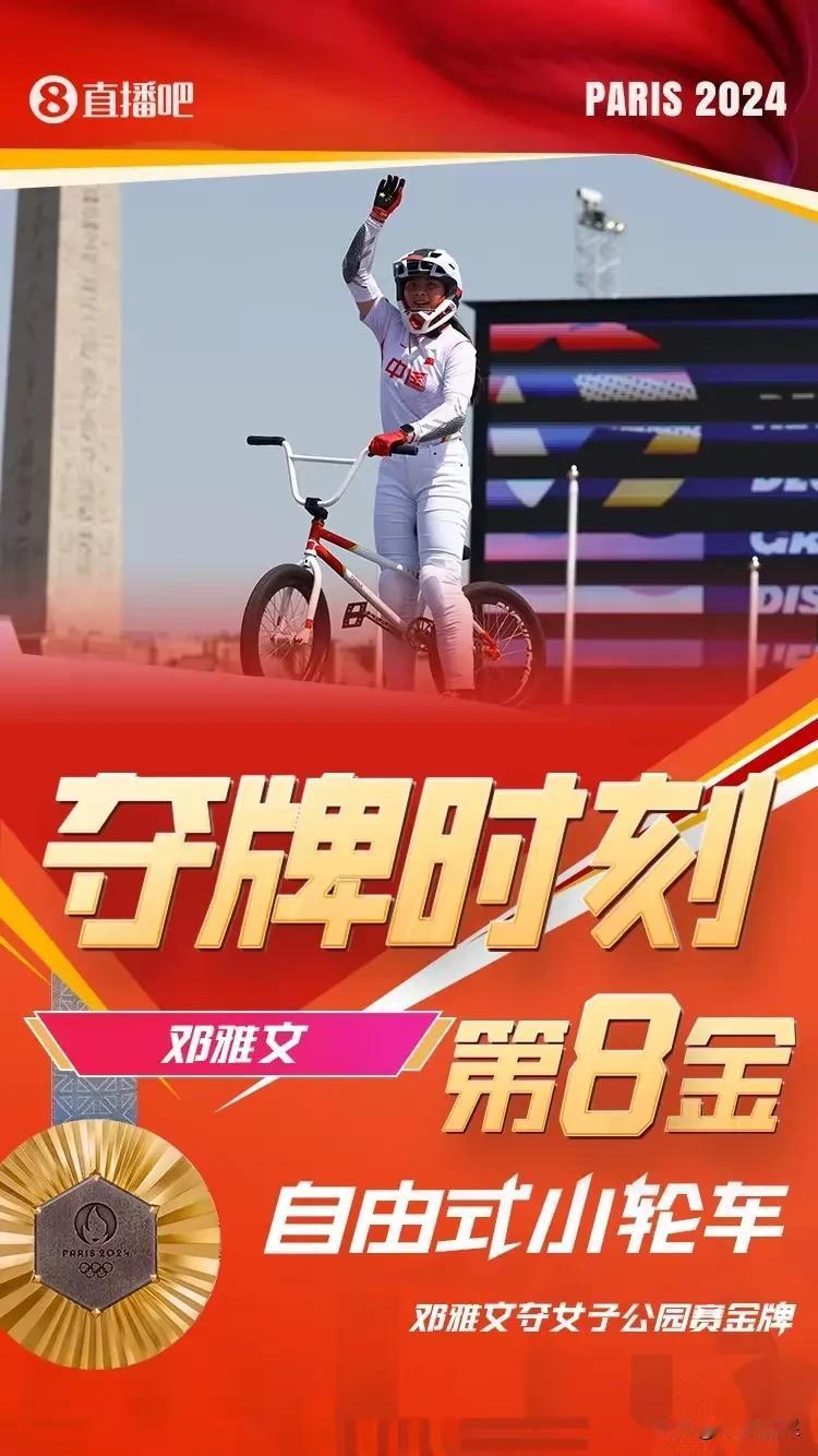 第8金，中国再登榜首！
中国选手邓雅文在巴黎奥运会女子自由式小轮车公园赛夺得冠军