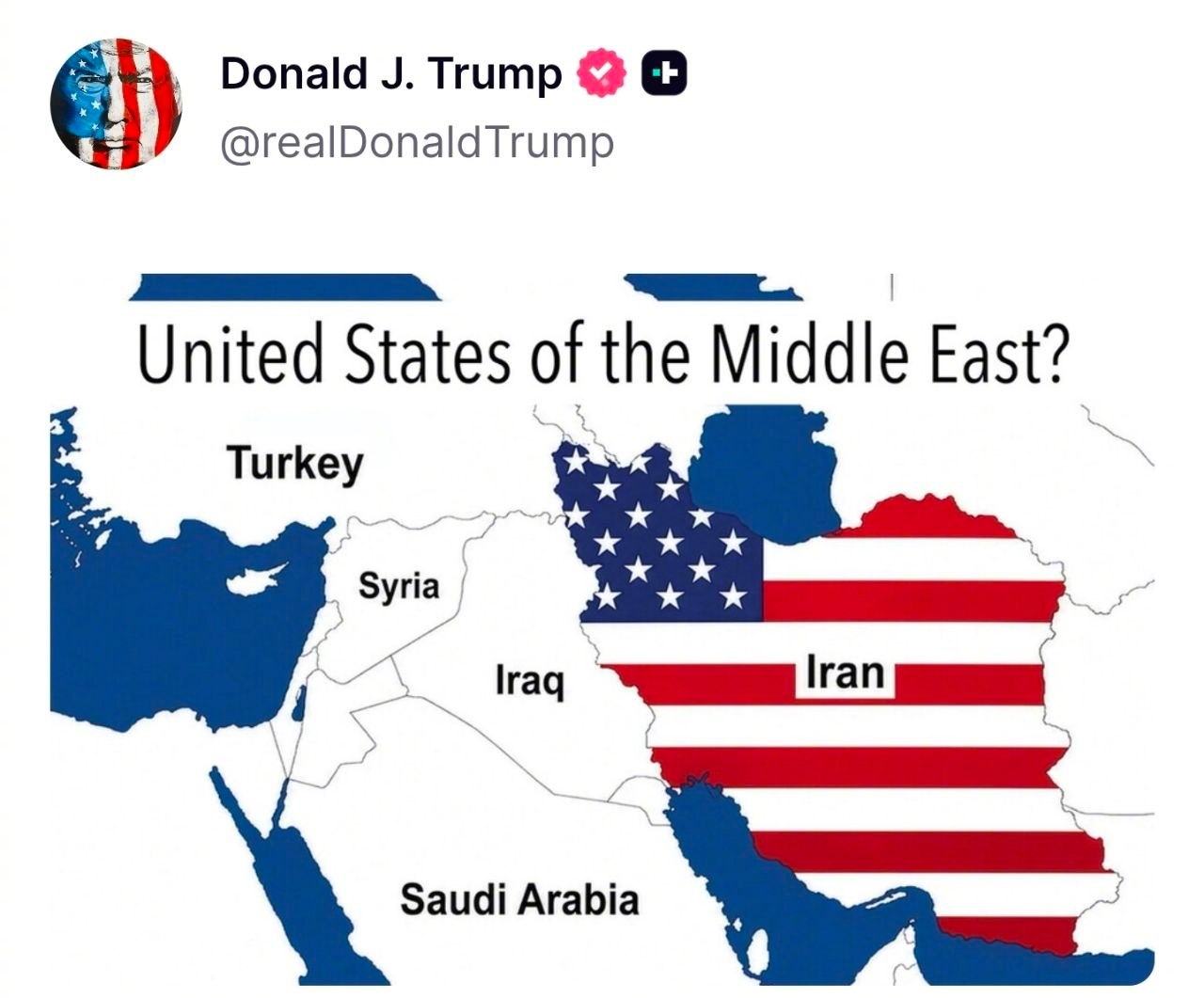 特朗普刚刚发布了一张中东地图，地图显示伊朗的国土被美国国旗覆盖，并配文：“中东合