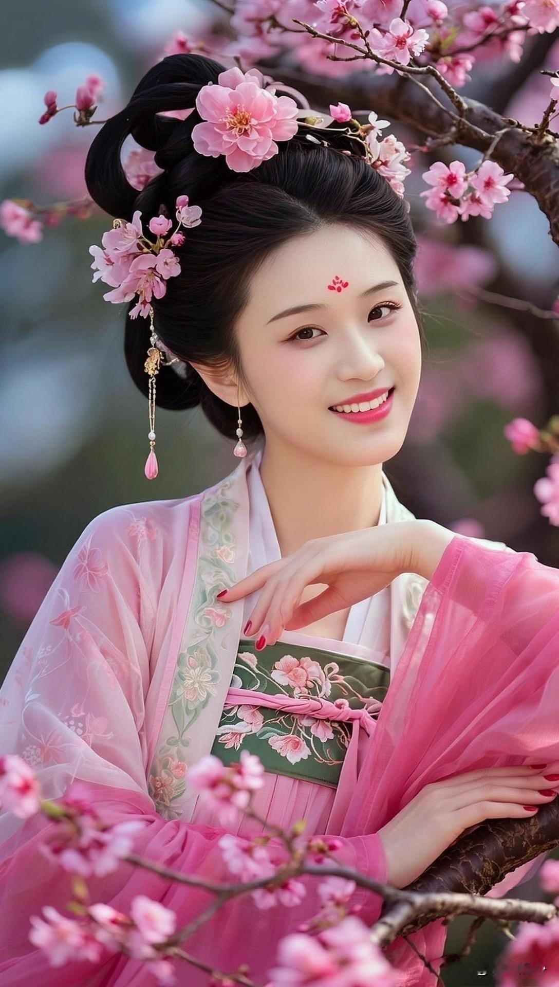 眉间朱砂一点，笑里藏尽国色。
在桃花纷飞的时光里，
你便是那惊艳了岁月的东方美人