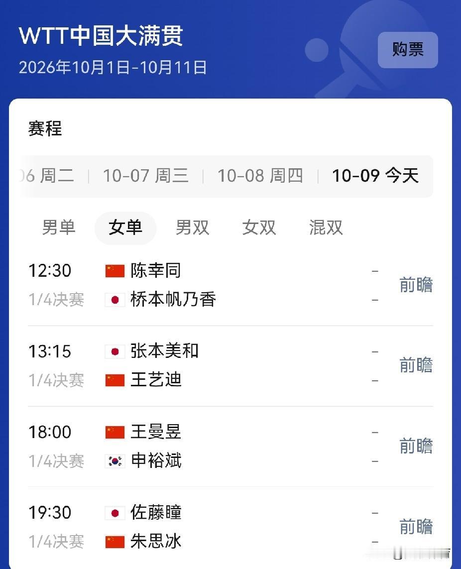 WTT中国大满贯女单四分之一决赛
对阵图及时间：

10月9日，12:30，1/