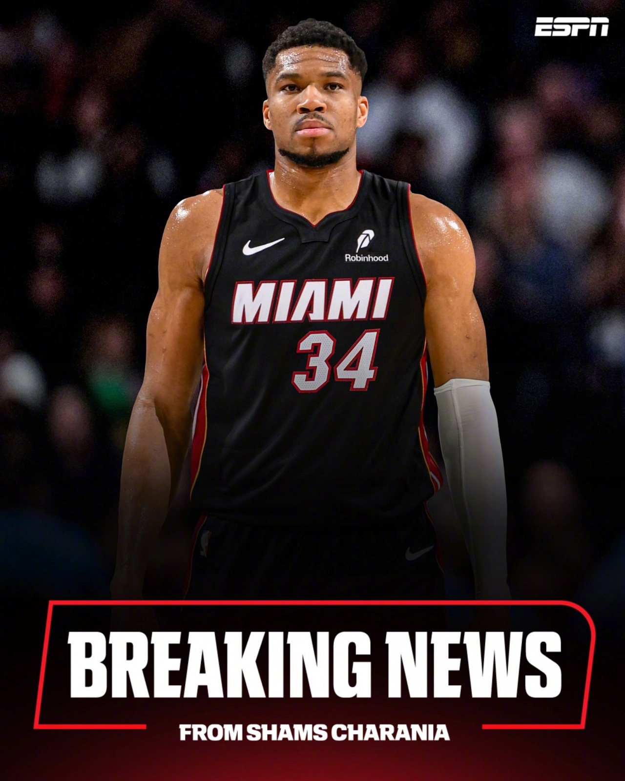 Shams重磅消息，雄鹿球星阿德托昆博被交易至热火。NBA 雄鹿接受了热火交易报