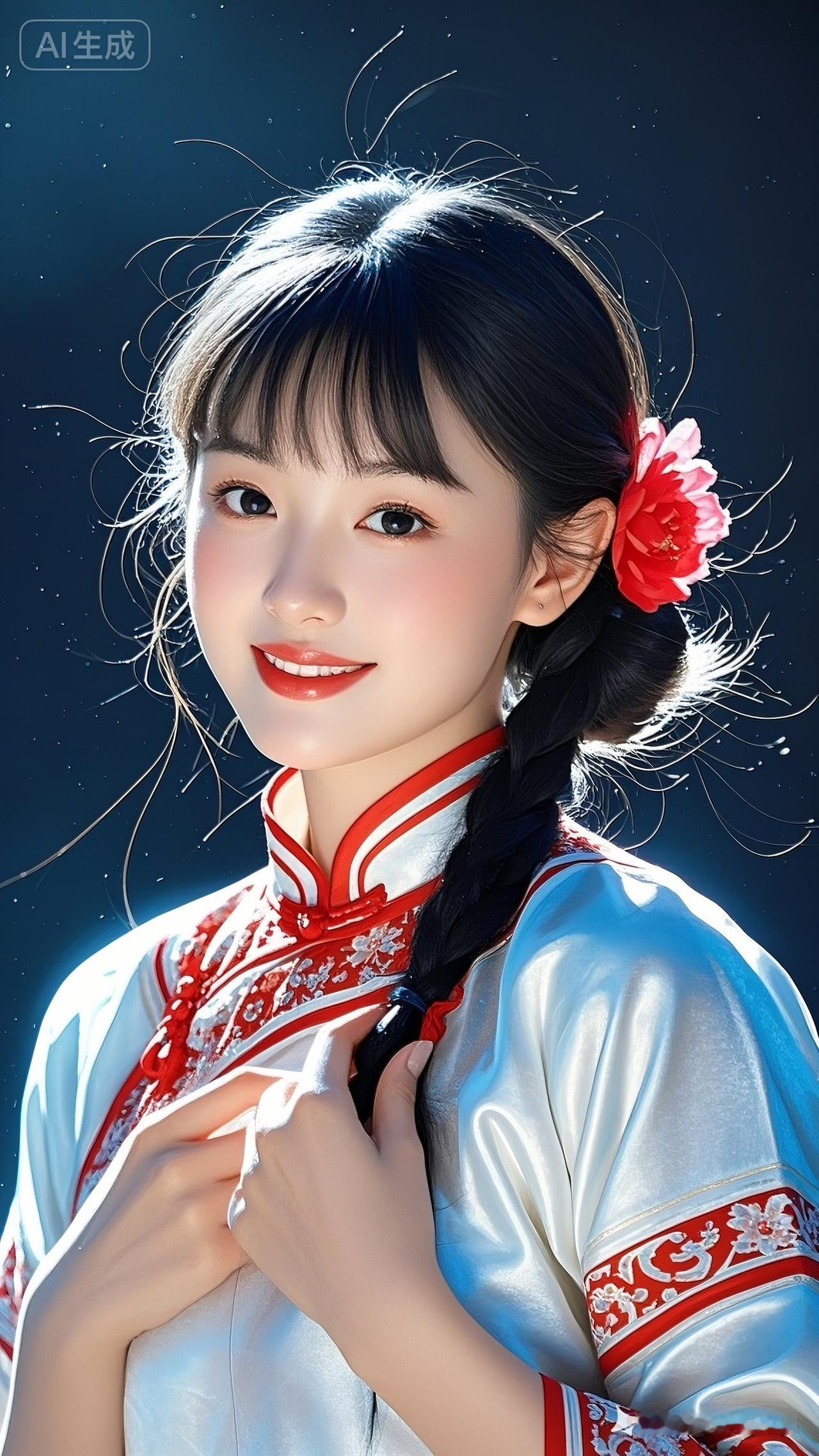 小美女五官精致，明眸流光，长睫轻颤，红白绸缎婚服映冷光，小辫纤毫毕现，红花点缀，