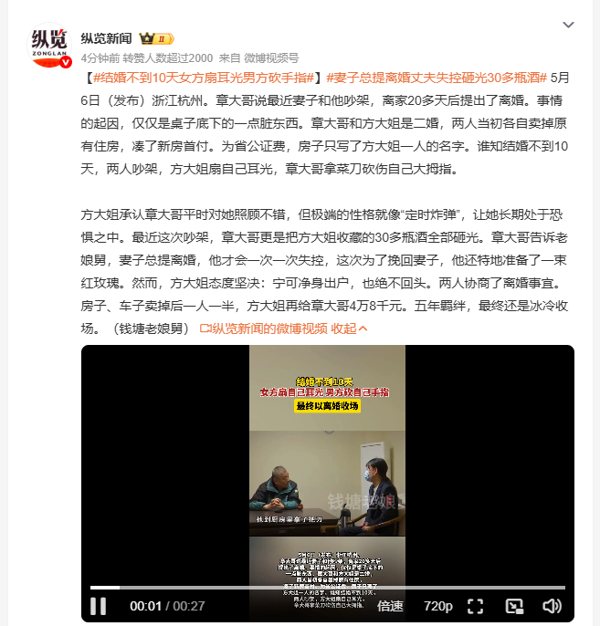 结婚不到10天女方扇耳光男方砍手指 浙江杭州章大哥和方大姐的婚姻，从合力凑首付的