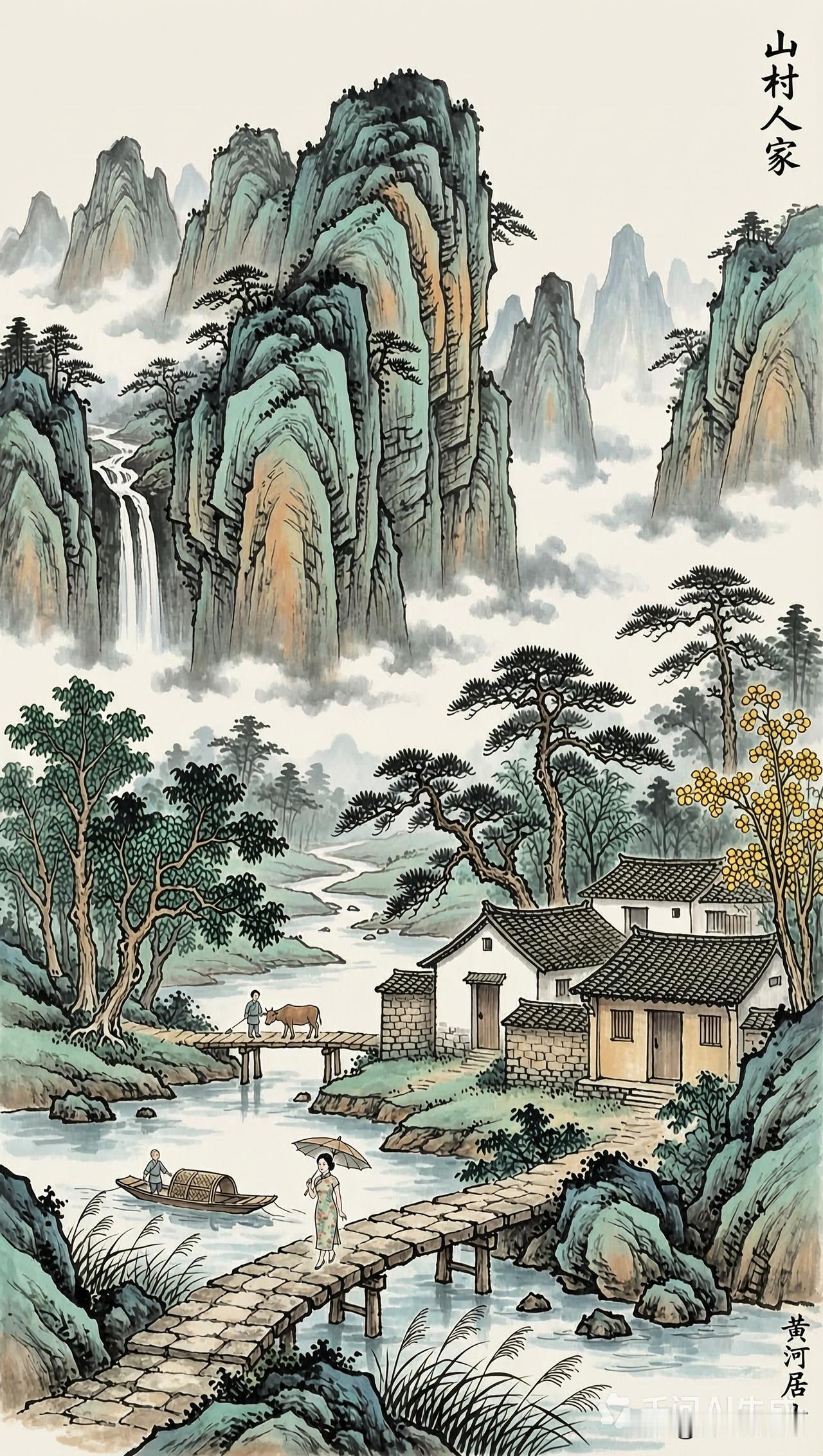 水墨画写意画《山村人家》水墨风格山水画 国画山水风光