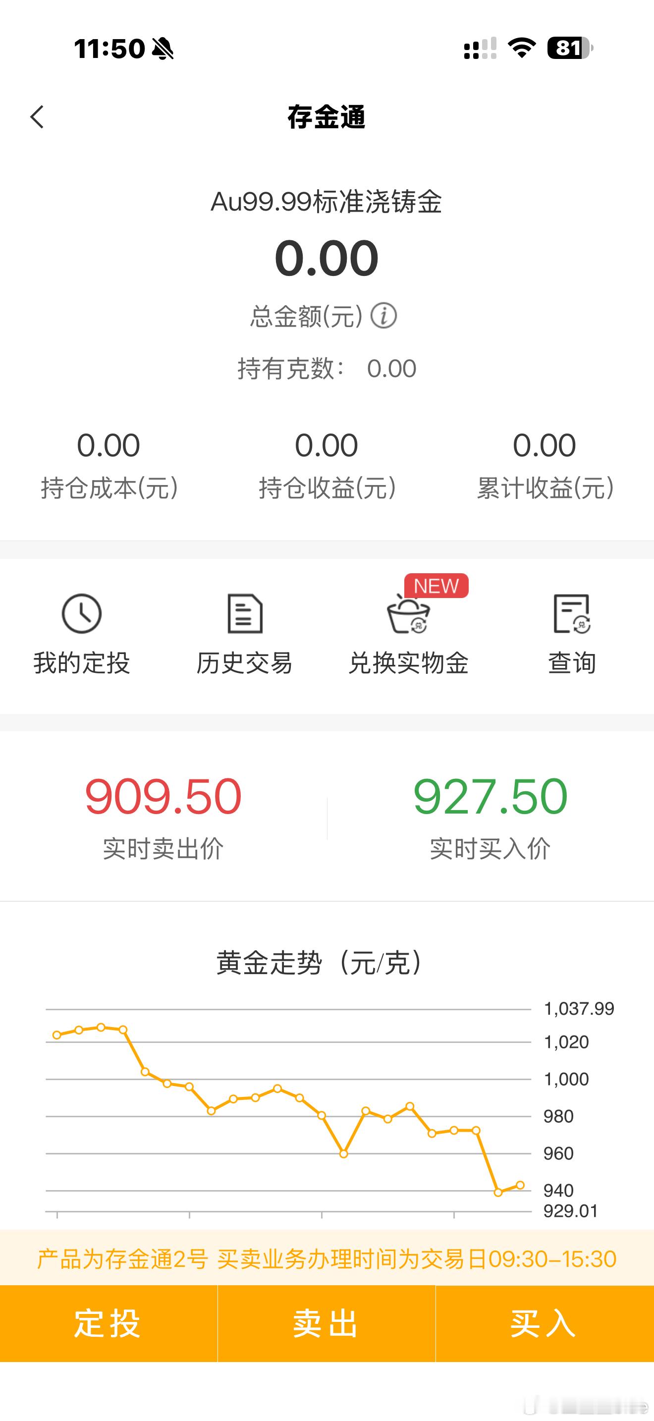 没买过农行的存金通，趁着最近金价猛跌要不买点金子小试一下，据说这个存金通可以直接