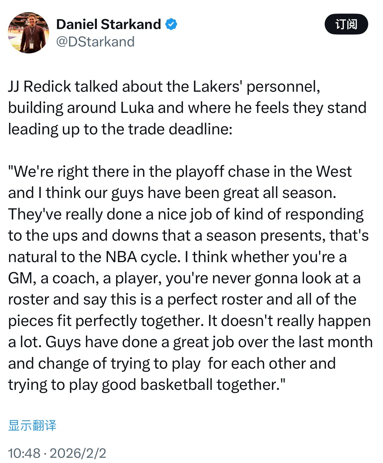 JJ·雷迪克谈到湖人的人员配置、围绕东契奇的建队，以及他认为球队在交易截止日前所