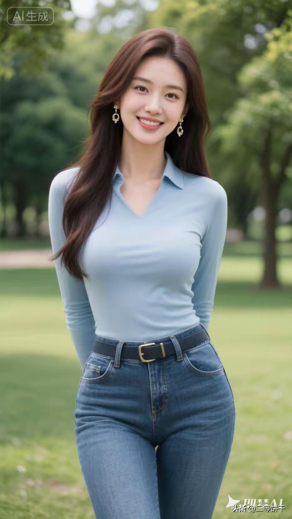 清新自然，蓝白相间，甜美笑容，公园漫步