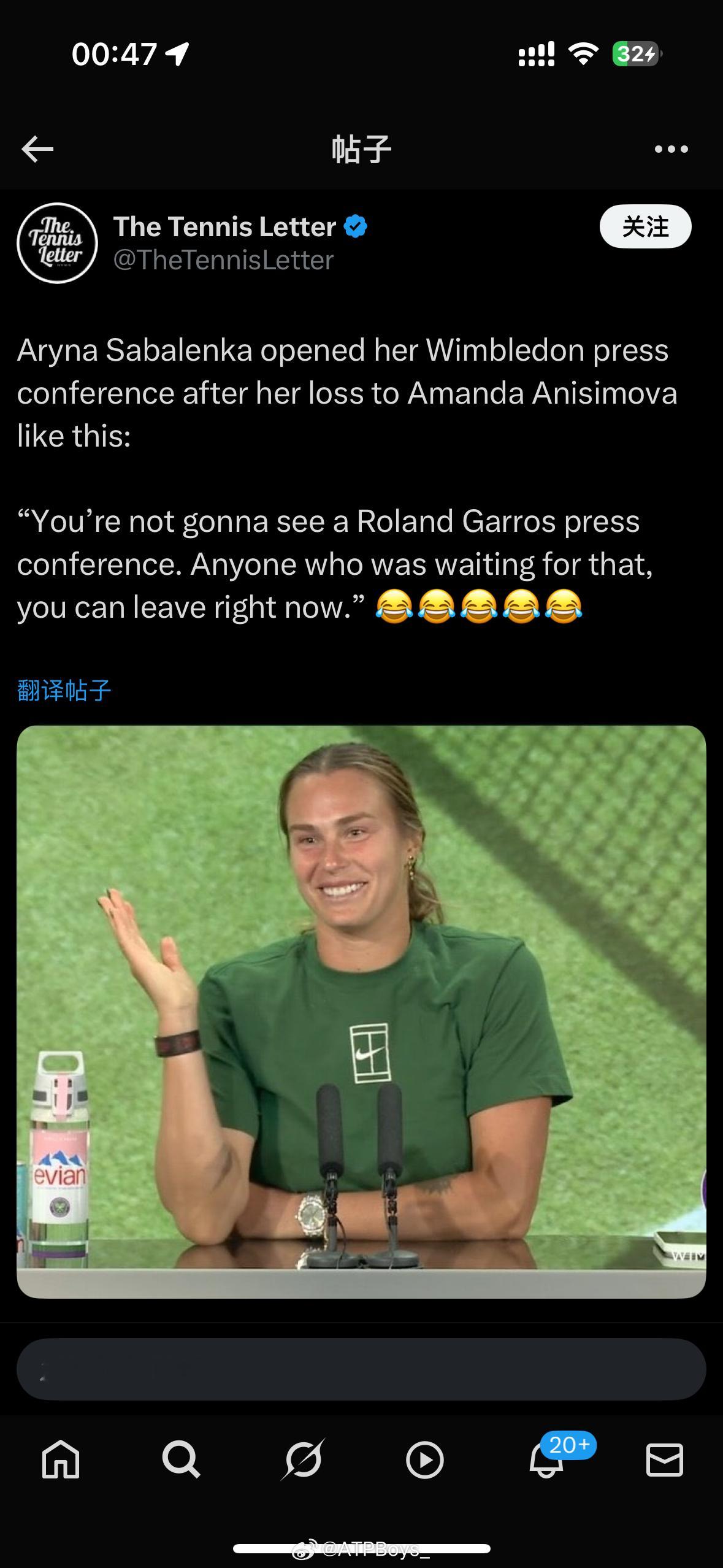 温网2025 输掉半决赛的萨巴伦卡，新发一上来就是很可爱的自嘲🤣「你们不会看到
