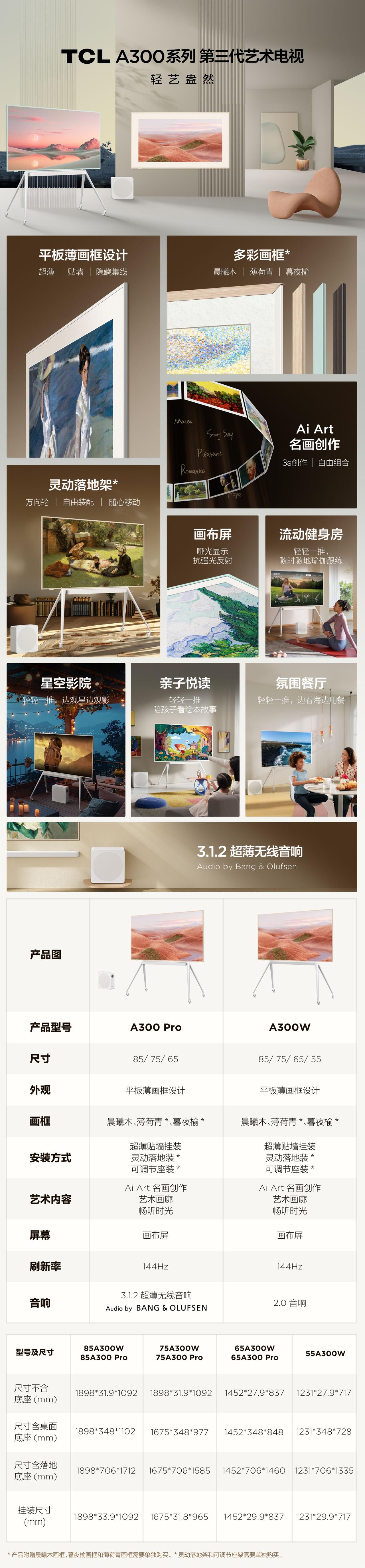 一图知晓TCL A300系列 第三代艺术电视，电视不仅能轻薄，还能充满艺术，这样