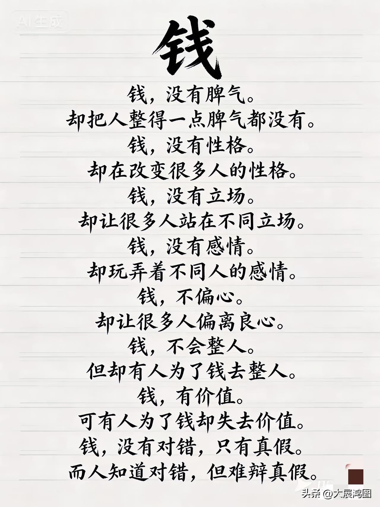 钱，没有脾气，却改变很多人性格。