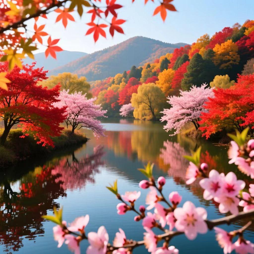 上联:秋韵满川枫色艳，如何对下联春光映水桃花红