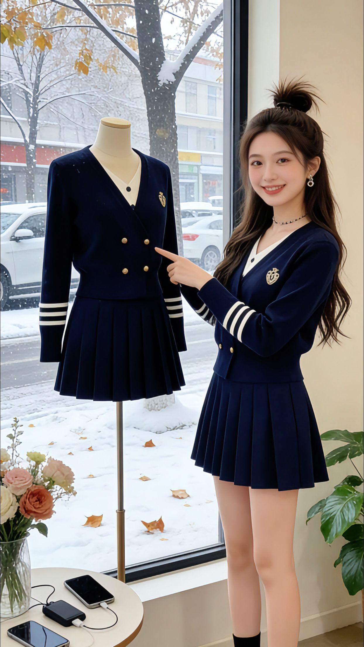 降温天出门被问爆的一套！Danny身上这套藏青色学院风针织套装太绝了，V领针织衫