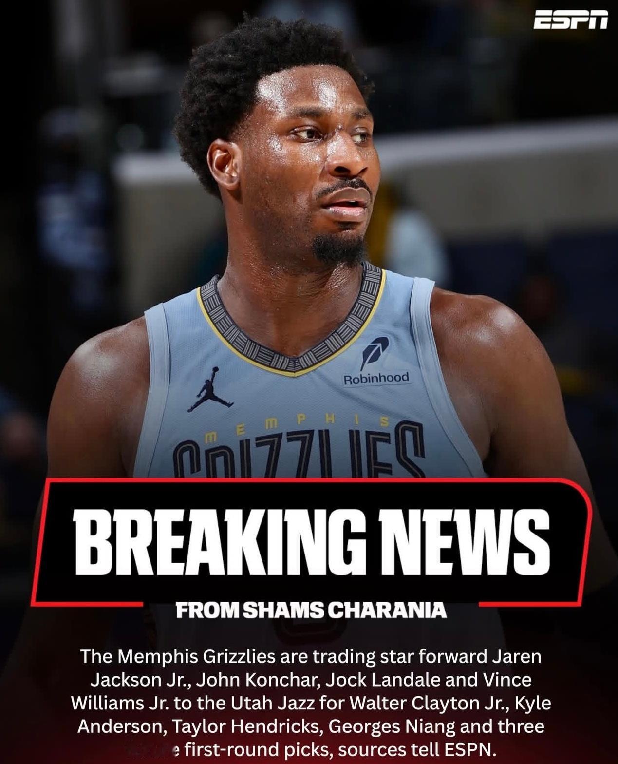 突发！灰熊￼将小贾伦·杰克逊￼、康查尔、兰代尔和小文斯·威廉姆斯四人交易至爵士￼