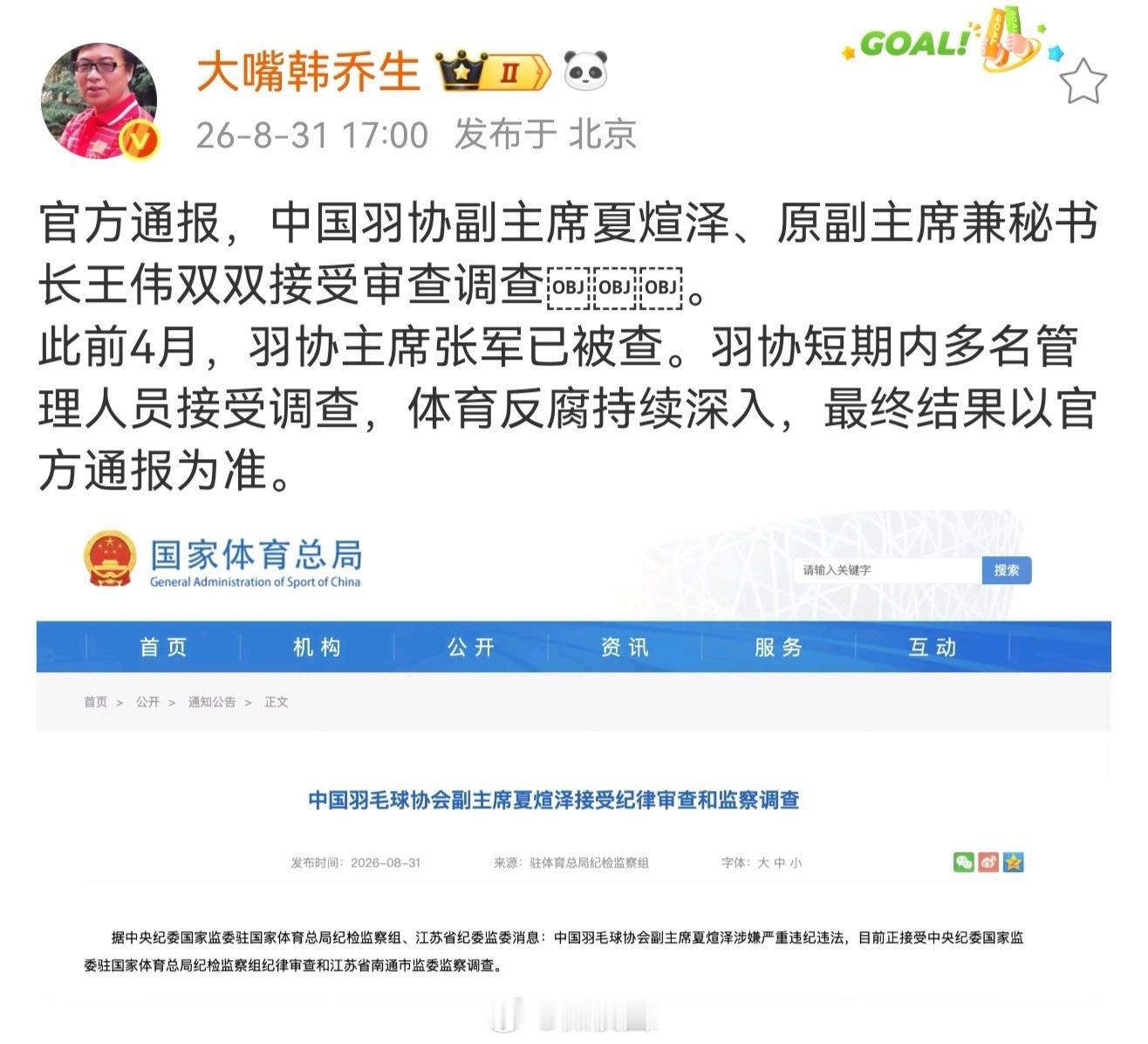 韩乔生谈羽协原副主席兼秘书长王伟被查 官方通报，中国羽协副主席夏煊泽、原副主席兼