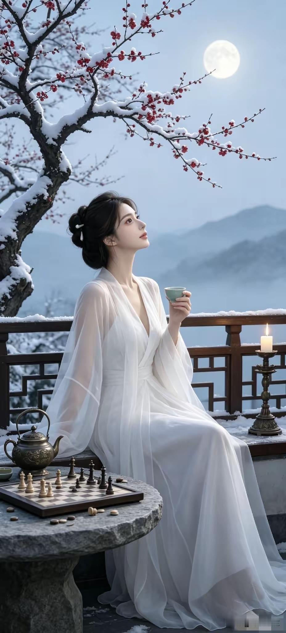 雪落寒梅邀皓月，
阳生东海放天光。
横批：《皓月与天光》