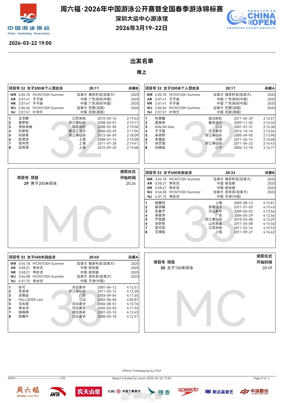 2026年中国游泳公开赛 最后一天决赛秩序单，切孔弃权200仰，道妹弃权200混