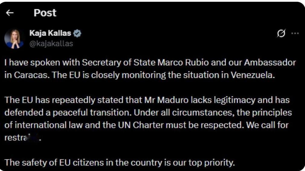 欧盟首席外交官支持委内瑞拉过渡：“马杜罗缺乏合法性”欧盟表示，正在积极跟踪委内瑞