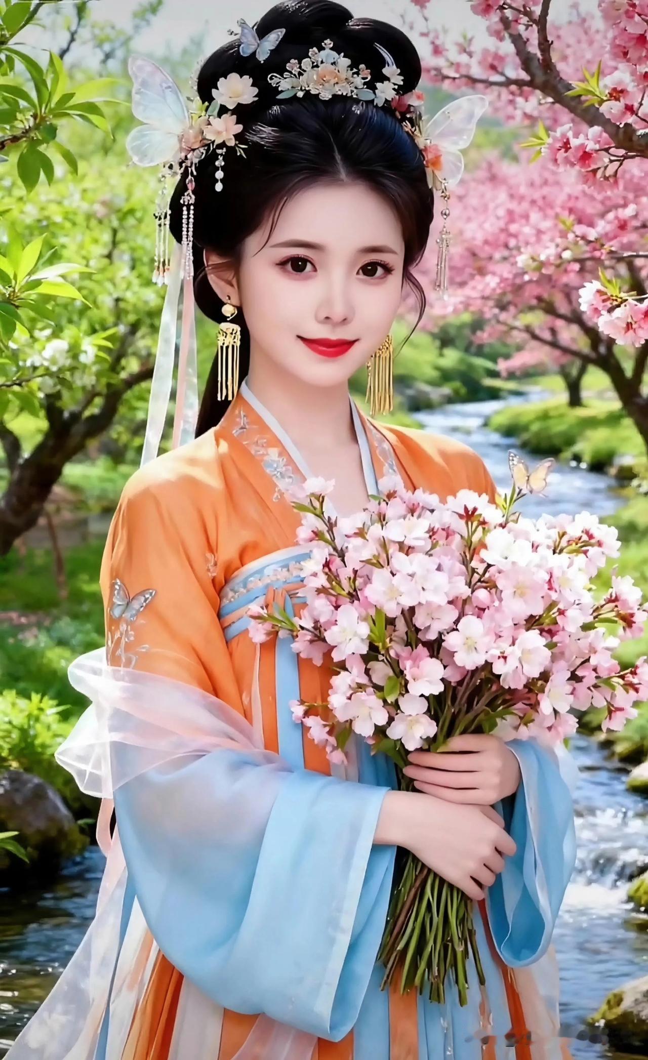 春日花间笑，美人捧花归。