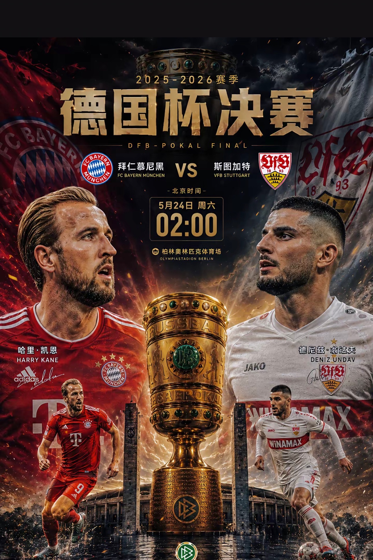 北京时间5月24日凌晨2:00，本场对决为德国杯决赛巅峰之战，德甲霸主拜仁慕尼黑