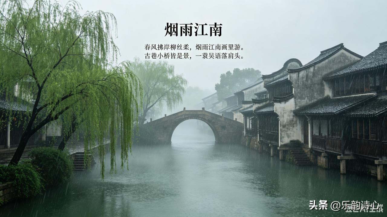 《烟雨江南》
春风拂岸柳丝柔，
烟雨江南画里游。
古巷小桥皆是景，
一蓑吴语落肩