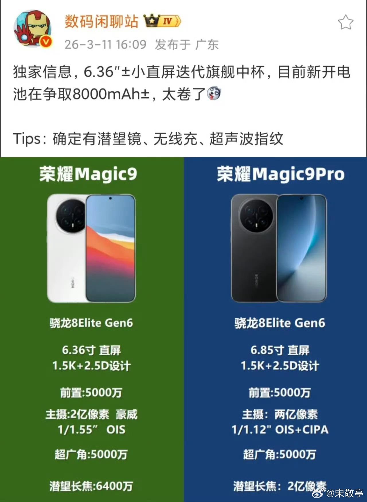 6.36英寸迭代旗舰中杯，电池做到了8000mAh，还有潜望长焦、超声波、无线充