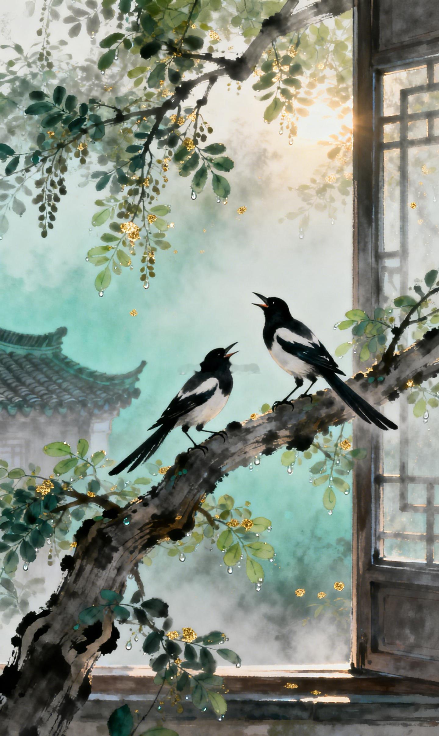 喜鹊，在古人眼里总是带着美好的寓意。清晨听见窗前枝头几声脆啼，长辈们便会眉眼带笑